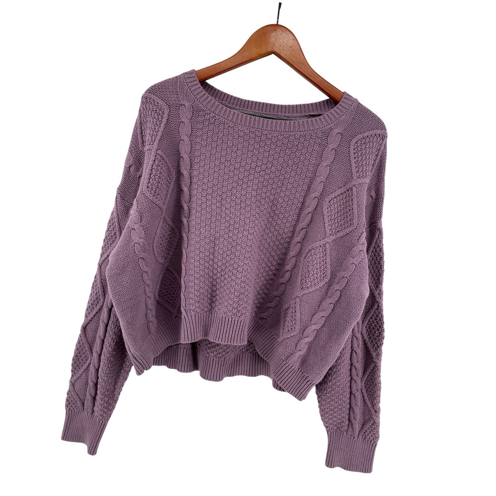 Chunky Cable Knit Cropped Sweater Womens XXL Purple Pastel Cottagecore Soft Girl